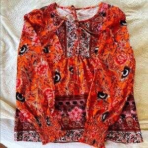 Orange V-neck Blouse with Puff Sleeves and Smocked Features